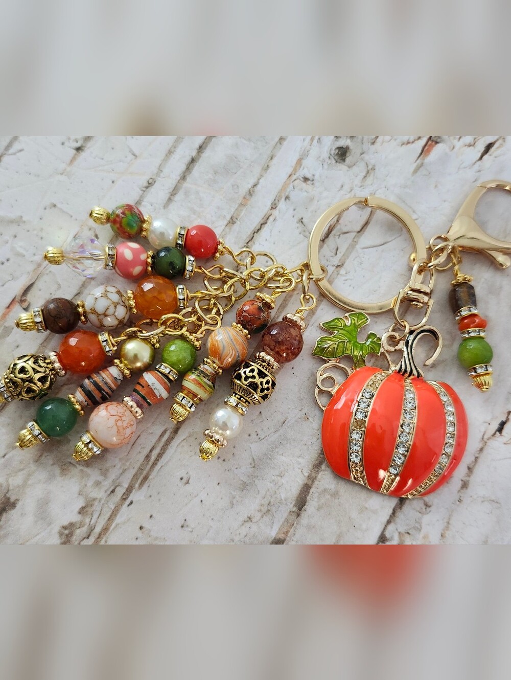 Pumpkin Fall Purse Charm or Keychain Holiday Jade Aventurine Paper Handcrafted